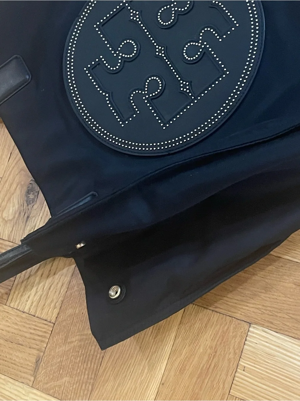 TORY BURCH~RARE “Ella” Gold-Studded Front Pocket Logo Black Tote